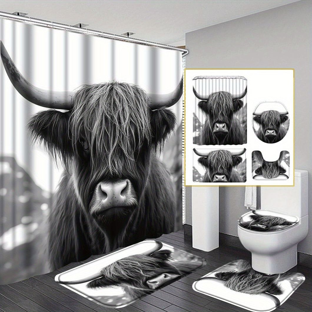 4pc Highland Cow Shower Curtain Set