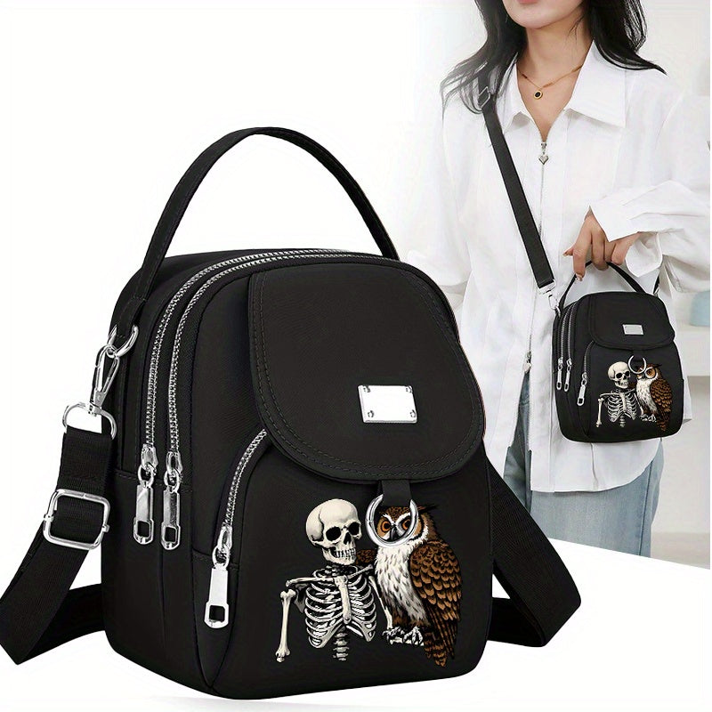Gothic Owl & Skull Print Crossbody Bag
