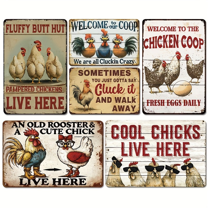 6pc Funny Chicken Tin Sign Decor